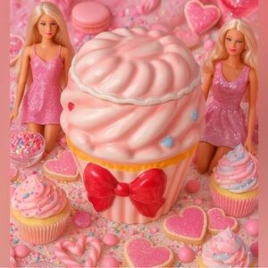 Pink Cupcake Ceramic Cookie Jar with Bow  Adorable Kitchen Storage Coquette NWT